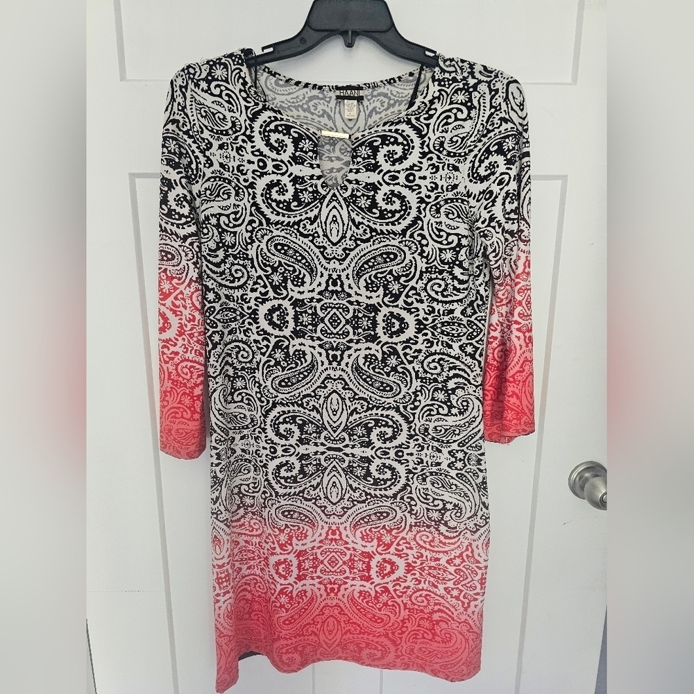 HAANI Black & Coral Paisley Ombre Long Sleeve Knit Dress Size L